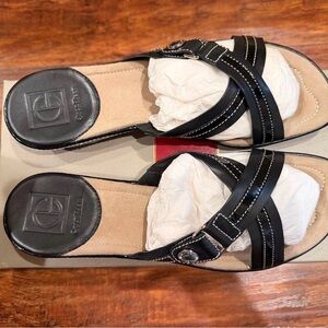 Cole Haan Black Leather Slide Sandals with Contrast Stitching